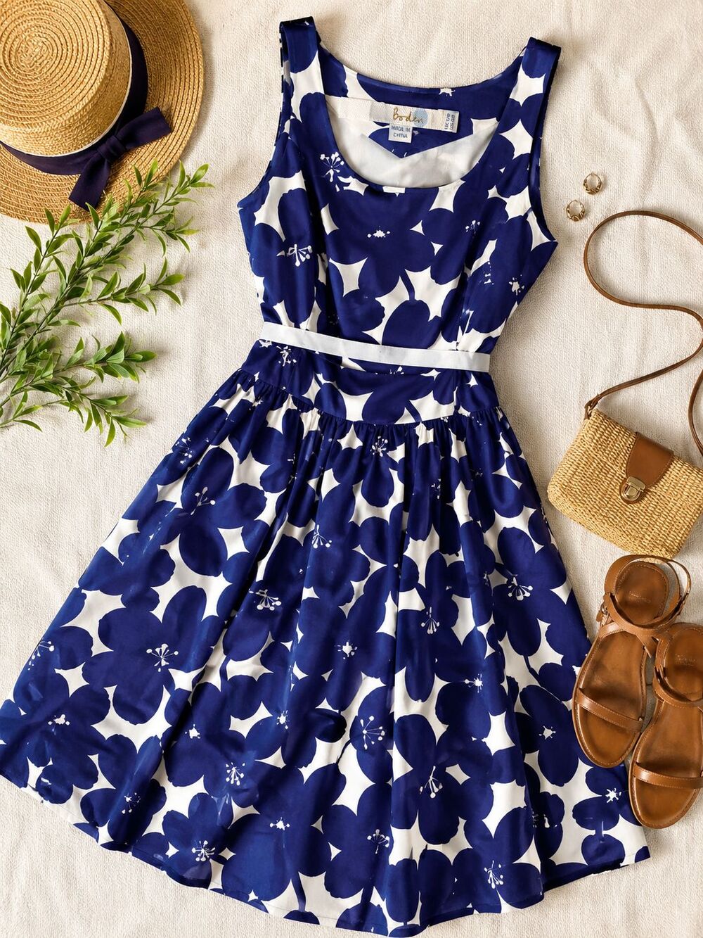 Boden Blue White Floral Cotton Fit Flare Sleeveless Dress US 8R UK 12R